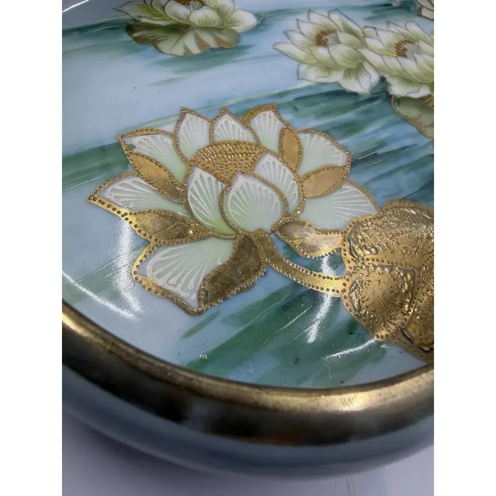 Antique Nippon Hand Painted Water Lily Gold Gilt Moriage Large Trinket Dish